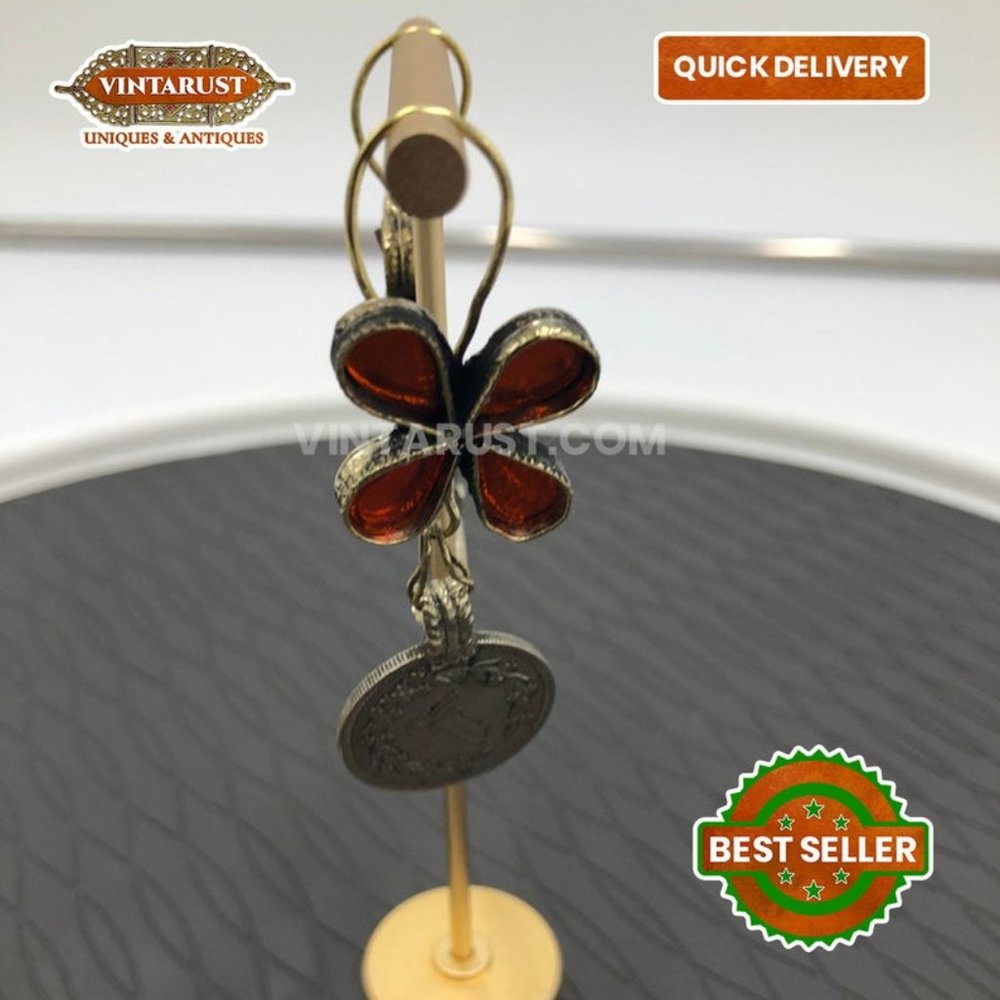 Handmade Afghani Vintage coin Earrings with glass stone, Afghan Coins jewelry
